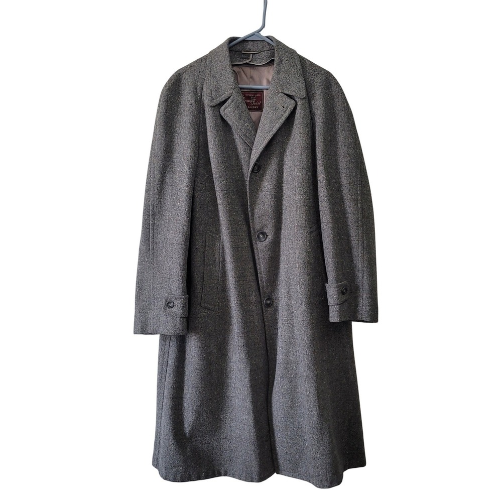 Vintage Saxony Grey Wool Tweed Overcoat Plaid Zip Out Lining Mens 37 Long Coat